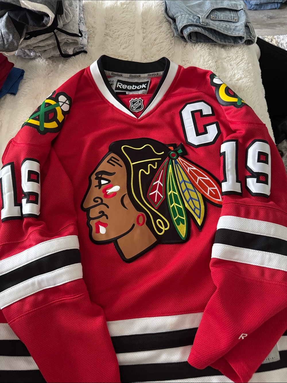 Reebok Red Black White NHL Captain Hockey Jersey